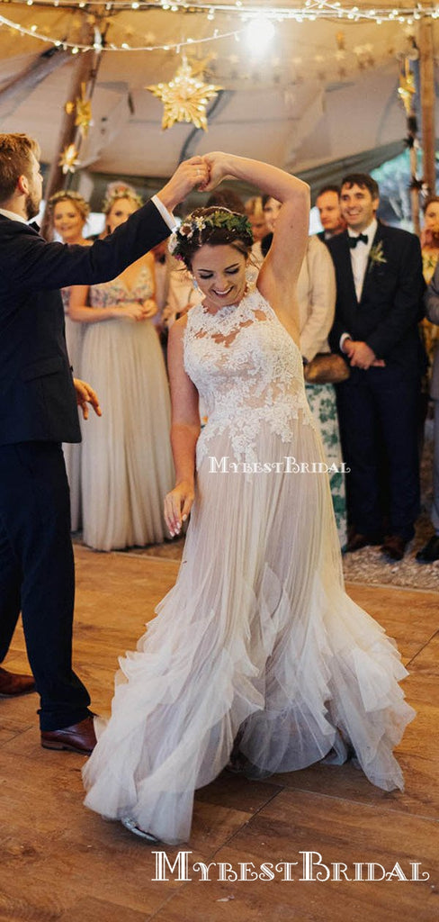 New Arrival Sleeveless Halter Top Lace Appliqued Long Cheap A-line Wedding Dresses, TYP0098