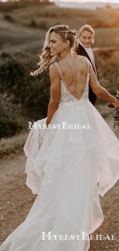 Newest V-neck Off-White Lace Mermaid Long Cheap Wedding Dresses, WDS0016