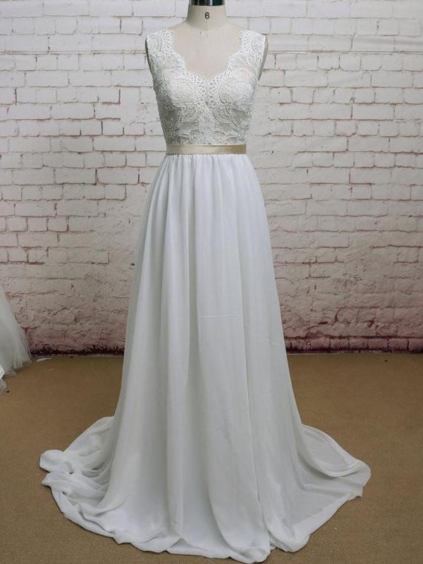 Backless V Neck Cap Sleeve Lace Simple Cheap Beach Wedding Dresses, WDY0192