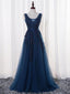 A-line V-neck Beaded Navy Blue Lace Prom Dress ,Cheap Prom Dresses,PDY0411