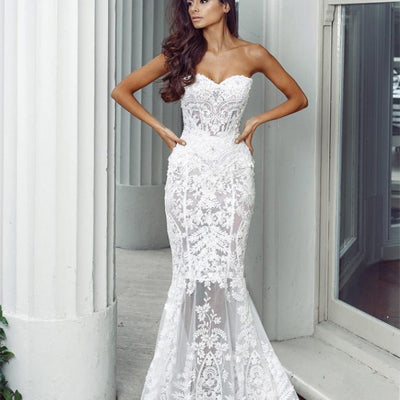 Charming Sweetheart Long Mermaid Lace Wedding Dresses, Sexy Backless Tulle Bridal Gown, WDY0117