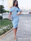 Sheath Cold Shoulder Knee Length Blue Satin Party Homecoming Dresses, TYP0027