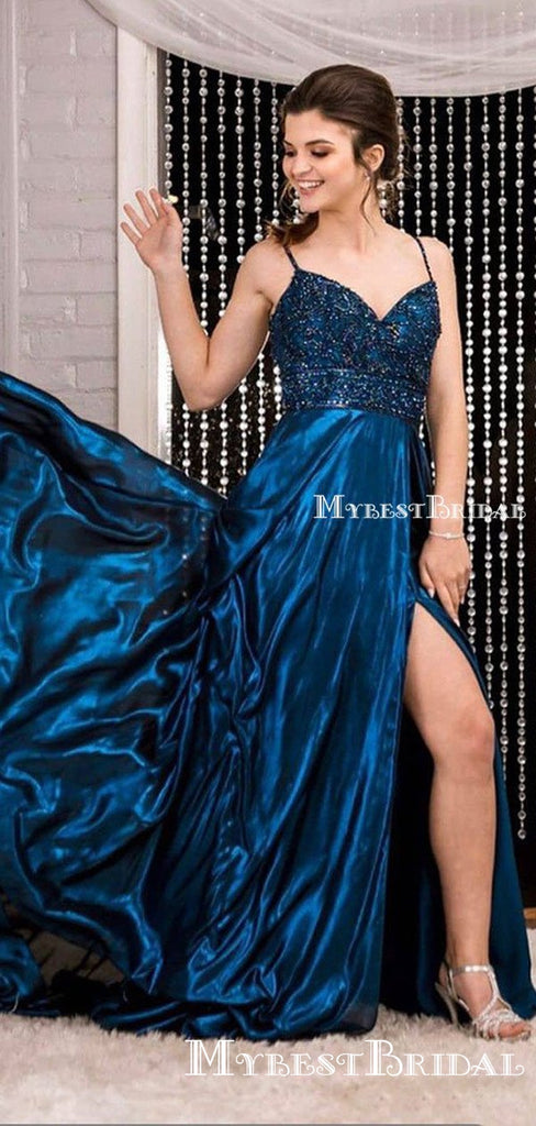 New Arrival Spaghetti Strap Sleeveless Blue Elastic Satin With Top Beads A-line Long Cheap Prom Dresses, PDS0033