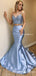 Two Piece Charming Spaghetti Straps Blue Satin Sexy Backless Mermaid Long Cheap Party Prom Dresses, PDS0043