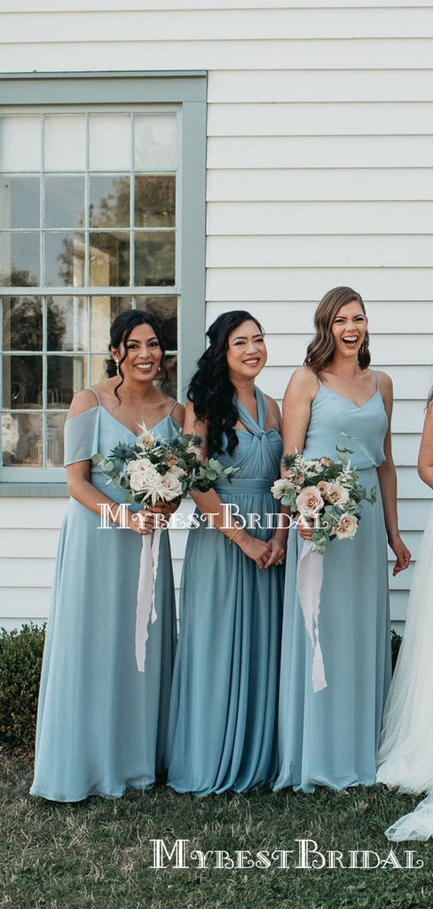 Mismatched Blue Chiffon A-line Long Cheap Bridesmaid Dresses, BDS0093