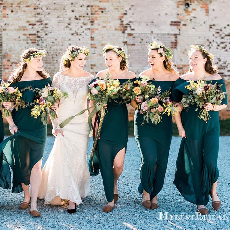 New Arrival Chrming Elegant Off-The-Shoulder Sleeveless A-line Chiffon Long Cheap Bridesmaid Dresses, BDS0005