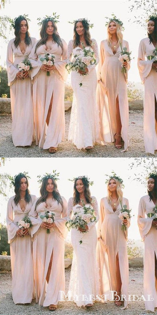 Pink V Neck Long Sleeves Side Slit Chiffon Cheap Bridesmaid Dresses, TYP0008