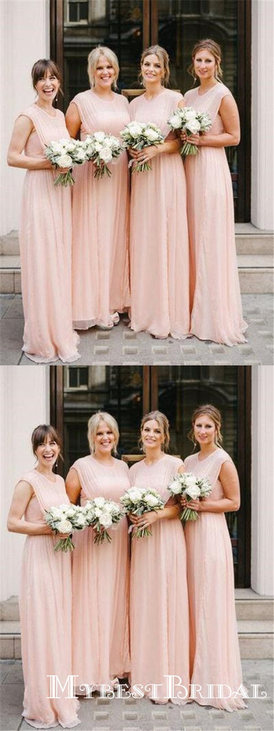 Blush Pink Cap Sleeves Scoop Neck A Line Chiffon Bridesmaid Dresses, TYP0010