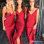 Simple Charming Red V Neck Sleeveless Side Slit Satin Long Cheap Bridesmaid Dresses, TYP0071