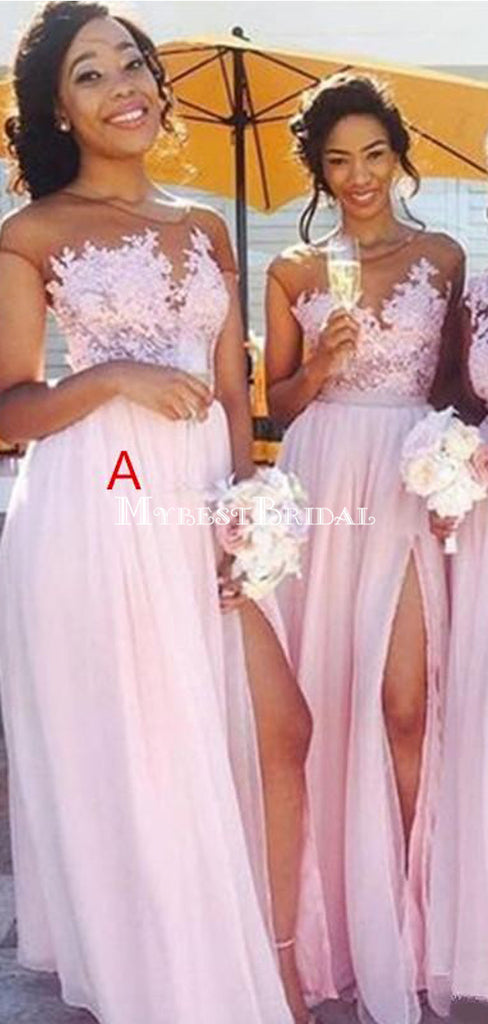 Cheap Lace Applique Pink Chiffon Slit Long Bridesmaid Dress,Cheap Bridesmaid Dresses,WGY0202