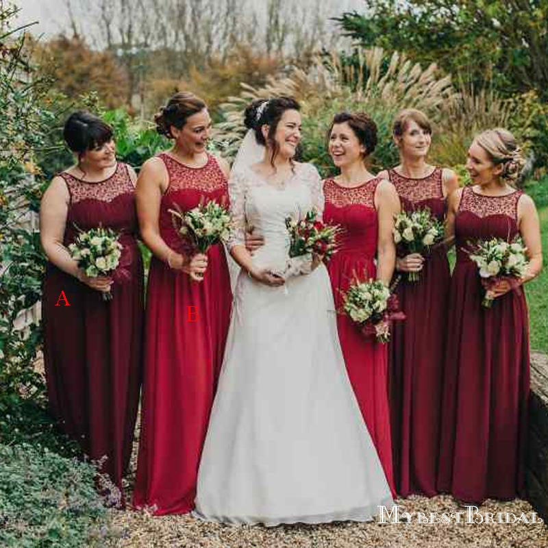 Scoop Burgundy Chiffon A-line Long Cheap Bridesmaid Dresses, BDS0092