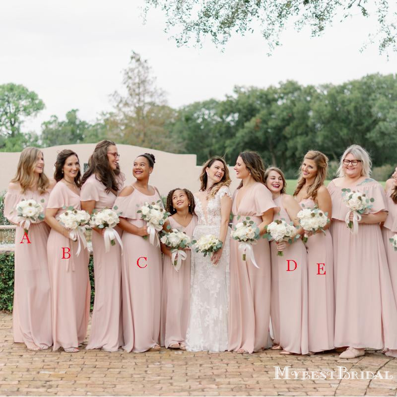 Mismatched Charming Simple Pink Chiffon A-line Long Cheap Floor-Length Bridesmaid Dresses, BDS0031