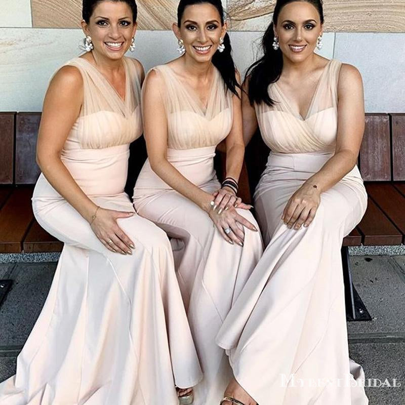 Pretty Charming V-neck Blush Pink Mermaid Long Cheap Bridesmaid Dresses, BDS0046