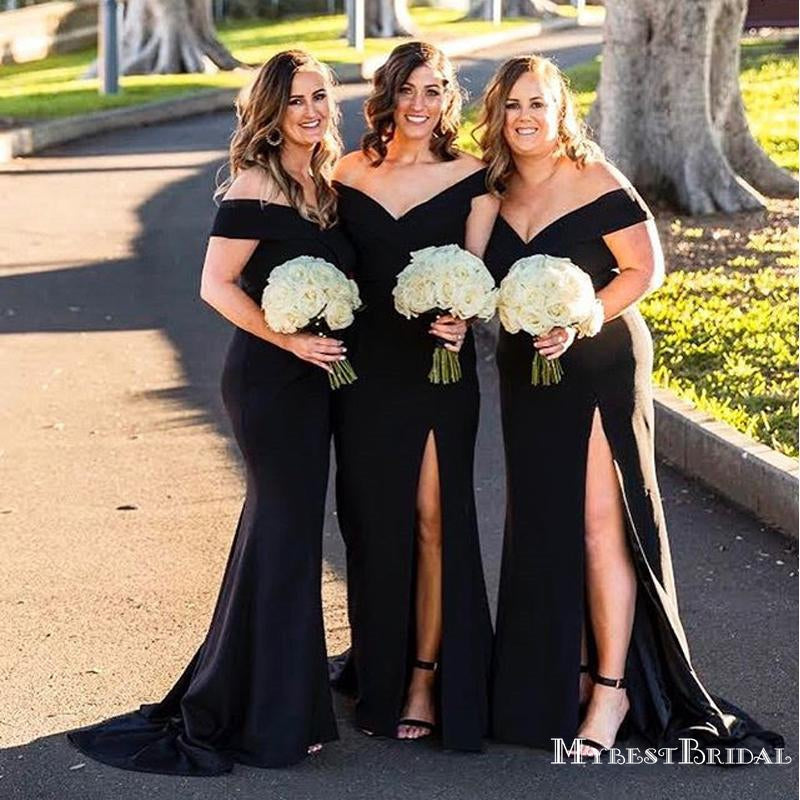Off-The-Shoulder Charming Black Sexy Side Slit Mermaid Long Cheap Bridesmaid Dresses, BDS0049