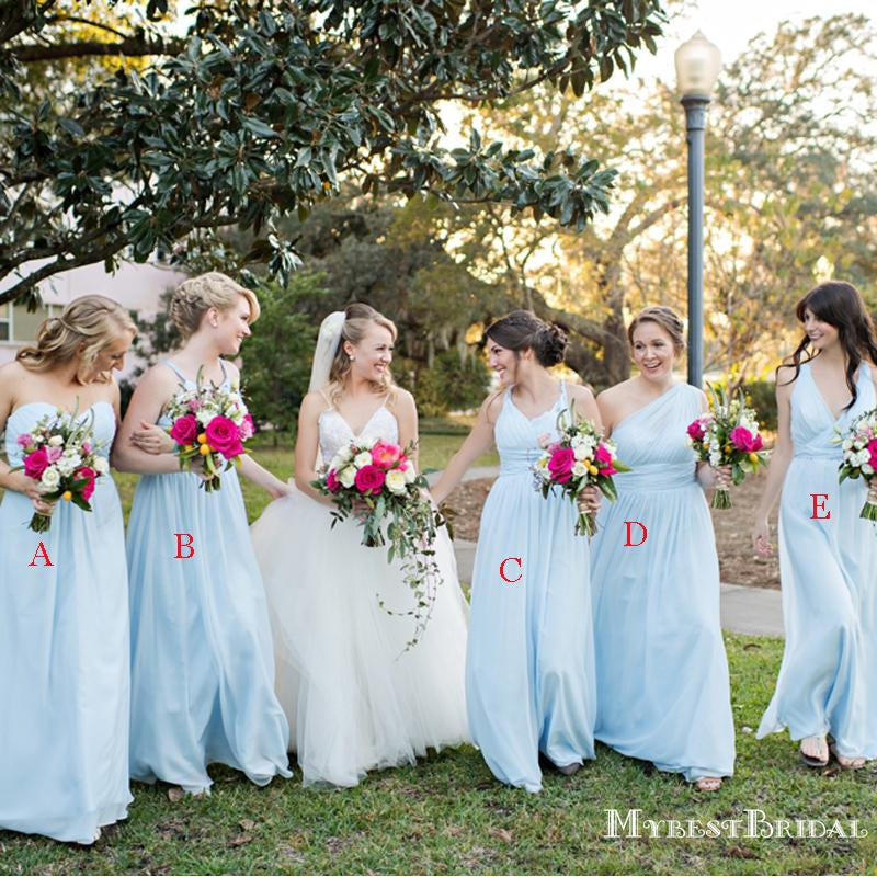 Mismatched Charming Simple Light Blue Chiffon A-line Long Cheap Bridesmaid Dresses, BDS0032
