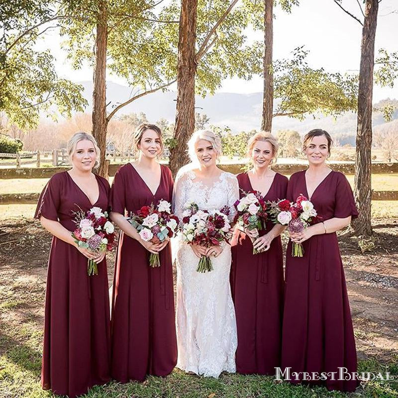 New Arrival V-neck Short Sleeve Burgundy Long Cheap Bridesmaid Dresses, BDS0048
