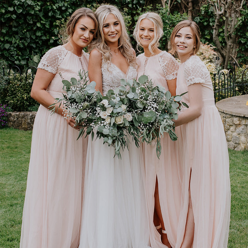 Newest Round Neck Pink Tulle Short Sleeve Long Cheap Bridesmaid Dresses, BDS0126