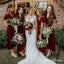 Charming V-neck Short Sleeve Burgundy Velvet A-line Long Cheap Bridesmaid Dresses, BDS0071