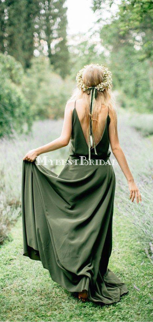 Cheap Green Chiffon Country Spaghetti Backless Long Bridesmaid Dresses,Wedding Party Gowns,WGY0211