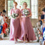 Newest V-neck Short Sleeve Dusty Pink Chiffon Long Cheap Bridesmaid Dresses, BDS0129