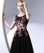 Blcak Round Neck Long Prom Dresses With Embroidery, Evening Dresses,Party Dresses,PDY0350
