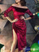 Off The Shoulder Half Sleeves Burgundy Velvet Homecoming Dresses With Split, TYP0058