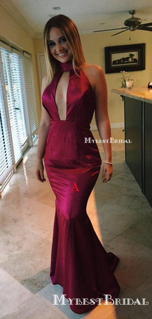 Mermaid High Neck Backless Sweep Train Dark Red Long Cheap Evening Prom Dresses with Keyhole, PDS0055