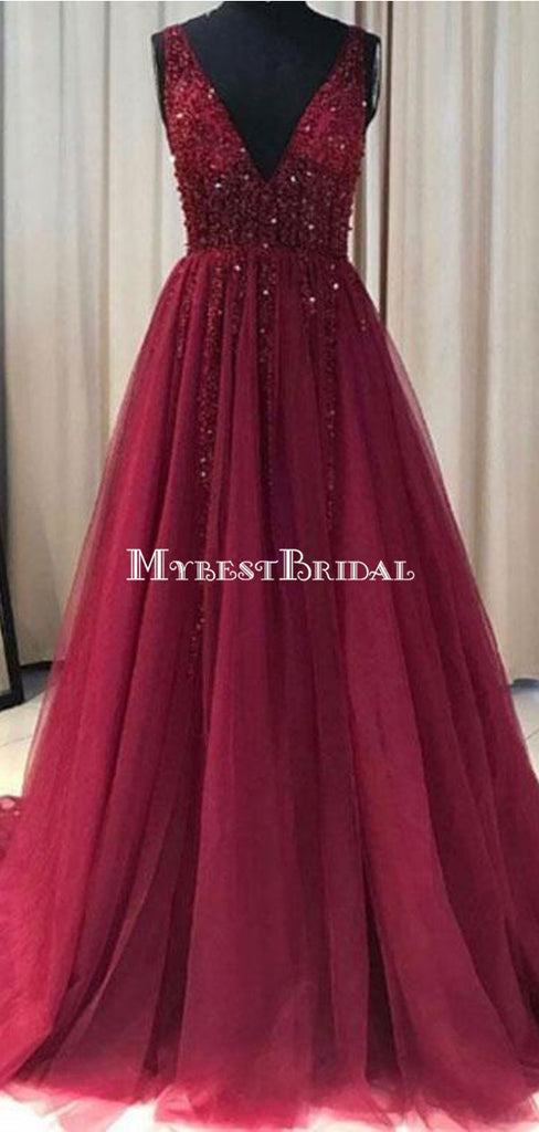 See Through V Neck Dark Red Beaded Long Evening Prom Dresses, Cheap Custom Party Prom Dresses, PDS0082
