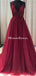 See Through V Neck Dark Red Beaded Long Evening Prom Dresses, Cheap Custom Party Prom Dresses, PDS0082