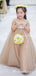 Newest V-neck Short Sleeve Champagne Tulle Long Cheap Flower Girl Dresses, FGS0005