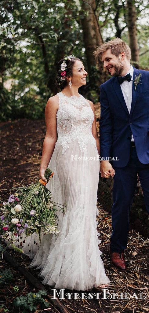 New Arrival Sleeveless Halter Top Lace Appliqued Long Cheap A-line Wedding Dresses, TYP0098