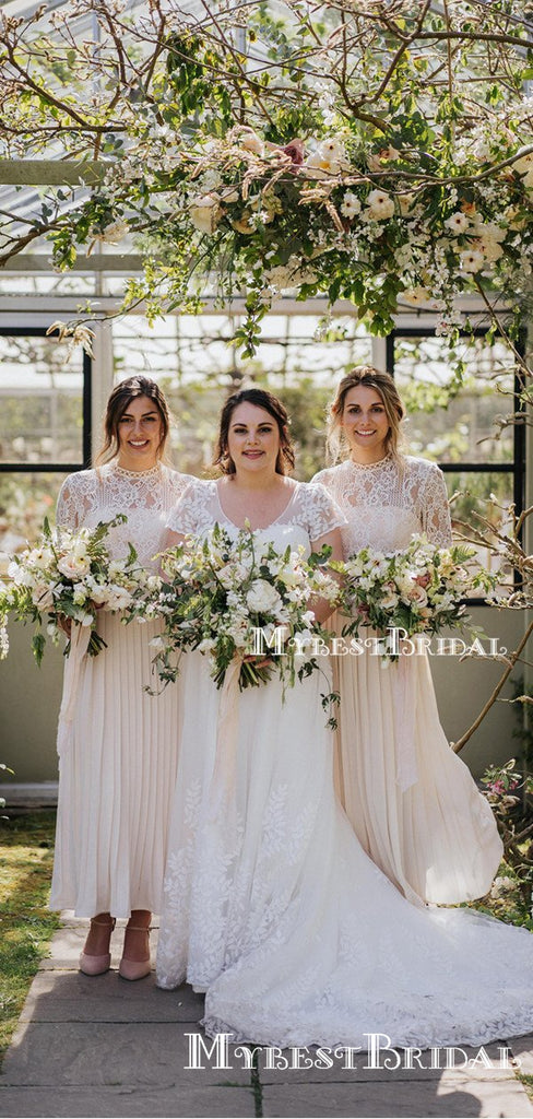 Long Sleeves Round Neck A-line Long Cheap Ivory Chiffon Top Lace Bridesmaid Dresses, TYP0106