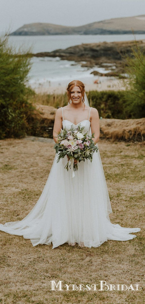 Elegant Spaghetti Strap Long Cheap Tulle Wedding Dresses With Beaded, TYP0018