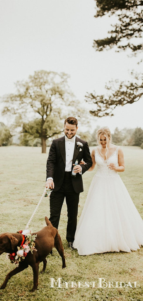 V-neck Sleeveless Long Cheap Tulle Wedding Dresses With Top Lace, TYP0013