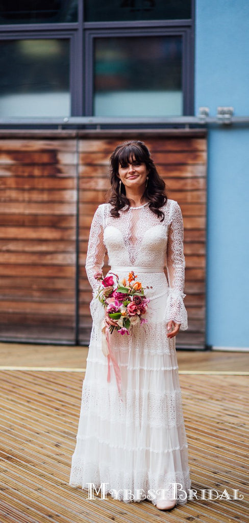 Unique Round Neck Long Sleeve Long Cheap Lace Wedding Dresses, TYP0011