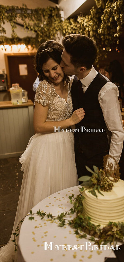 Newest Cap Sleeves A-line Beaded Tulle Gorgeous Long Cheap Wedding Dresses, TYP0097