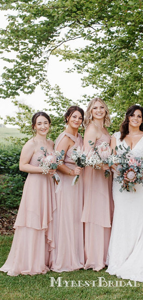 Mismatched Charming Simple Pink Chiffon A-line Long Cheap Bridesmaid Dresses, BDS0036