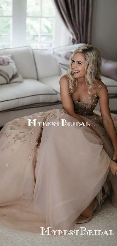 Elegant Sqeare Organza Appliqe A-line Long Cheap Wedding Dresses, WDS0033