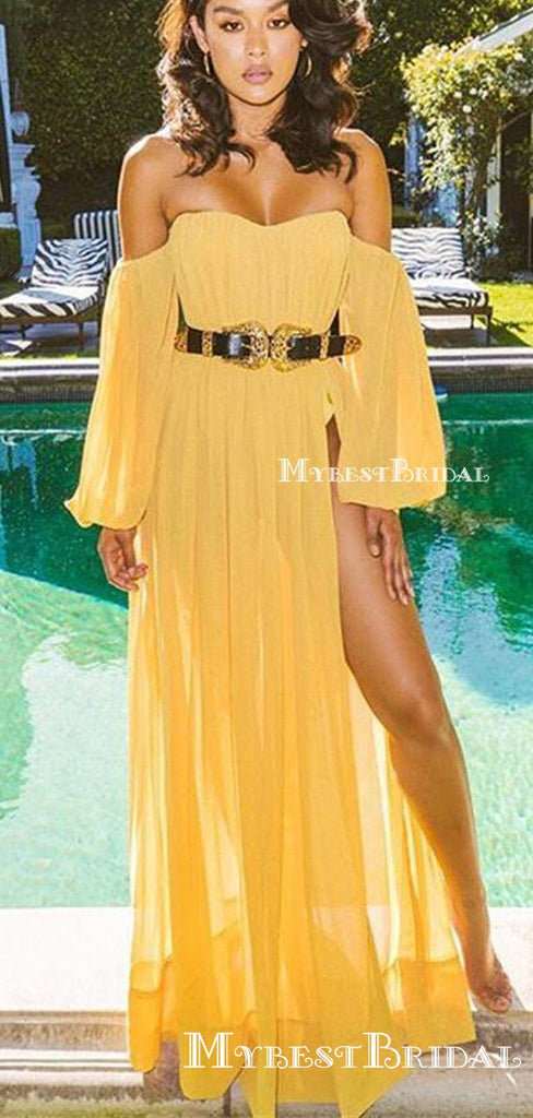 Sexy Simple Off-The-Shoulder Long Sleeves Chiffon Long High Side Slit Cheap Charming Prom Dresses, PDS0008