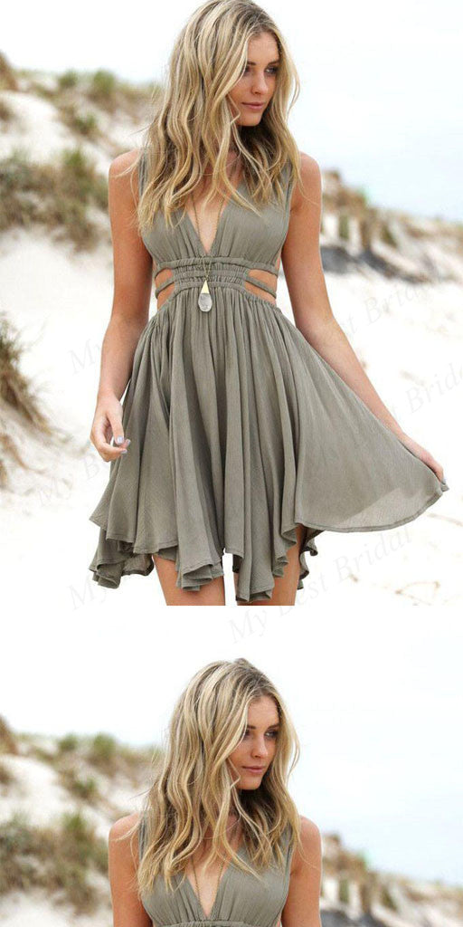 Simple V-neck Grey Chiffon Homecoming Dresses ,Short Prom Dresses,BDY0167