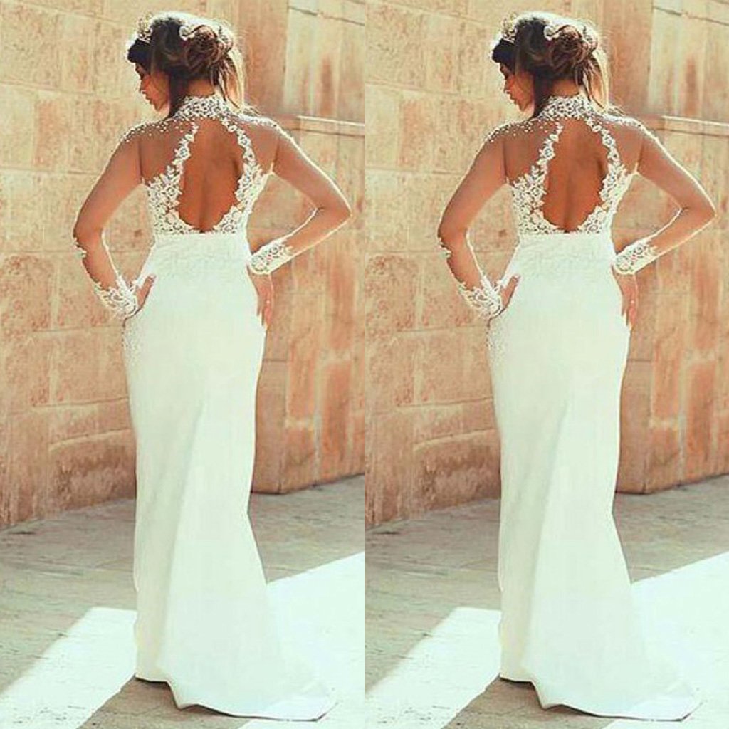 High Neckline Sheath Wedding Dresses With Beaded Lace Appliques, Dresses For Wedding Party ,WDY0162