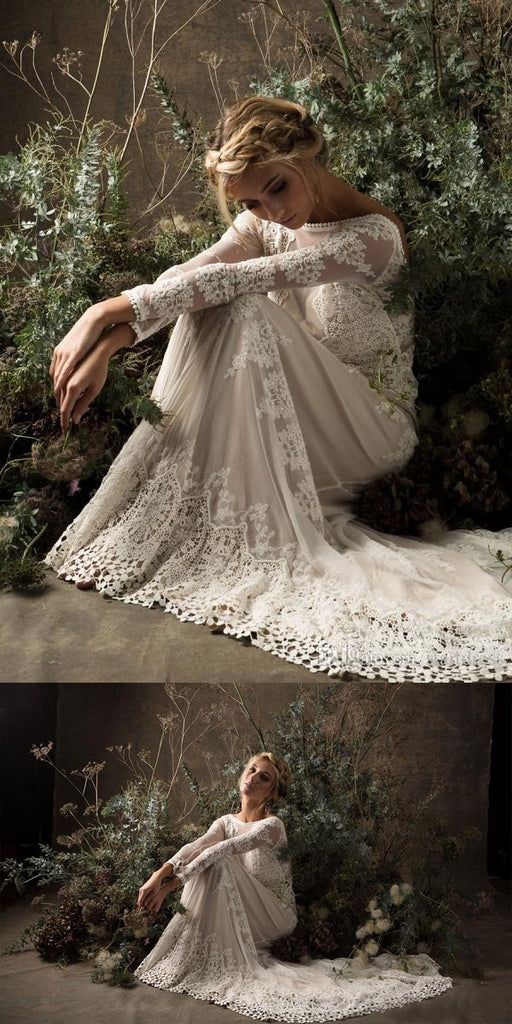 A-line Bateau Long Sleeves White Lace Wedding Dresses.Cheap Wedding Dresses, WDY0271