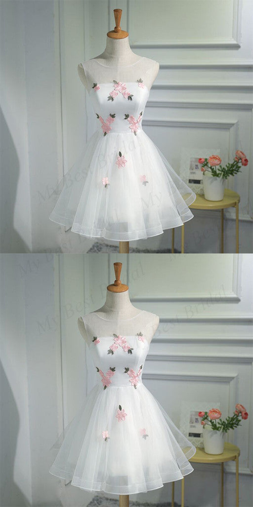 Cute A-line Organza White Sleeveless Lace-up Short Homecoming Dress ,BDY0162