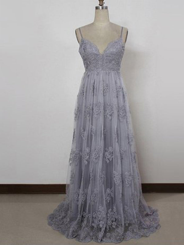 Simple V-neck Grey Spahgetti Straps Tulle Lace Long Prom Dress ,Train Dresses,PDY0363