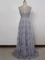 Simple V-neck Grey Spahgetti Straps Tulle Lace Long Prom Dress ,Train Dresses,PDY0363
