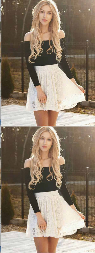 Two Piece Ivory Lace Long Sleeves Homecoming Dress ,Short Prom Dresses,BDY0350
