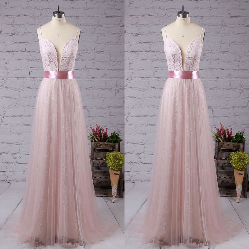 Sweet V Neck Lace Long Prom Dress With Pink Sash,Party Dresses, Evening Dresses,PDY0320