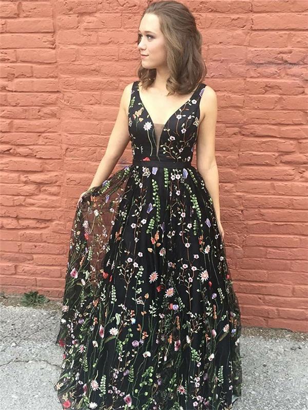Floral Prom Dresses, A-line Prom Dresses, V-neck Prom Dresses, Long Prom Dresses,BG0415