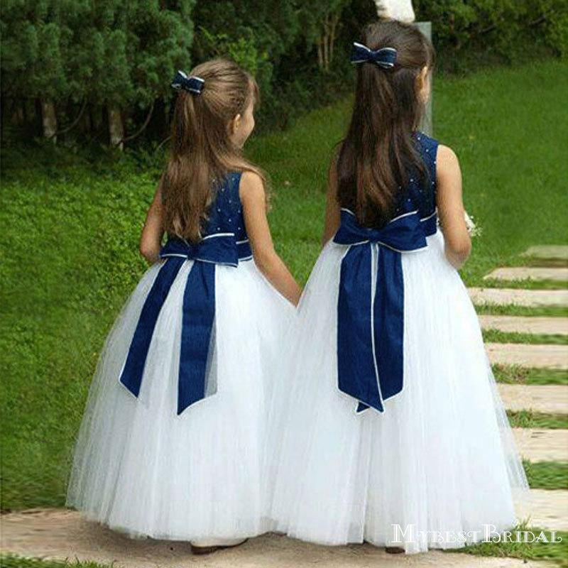 Elegant Round Neck White Tulle A-line Long Cheap Flower Girl Dresses, FGS0022
