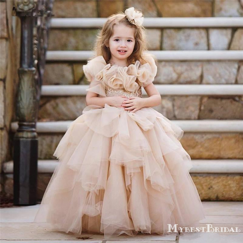 Cute Scoop Champagne Tulle Ball Gown Long Cheap Flower Girl Dresses, FGS0021